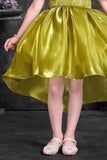 Olive Green High-Low Party Wear Frock with Ruffle Neckline For Girls