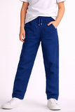 Navy Blue Linen Straight-Fit Pants with Elastic Waist For Boys