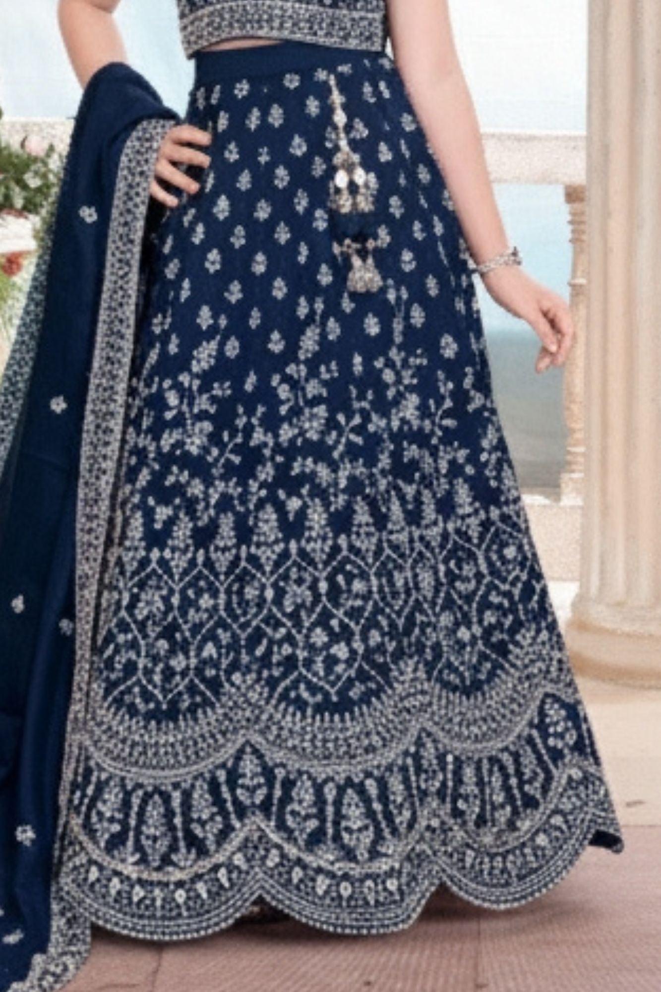 Navy Blue Embroidered Lehenga Choli Set with Dupatta For Girls