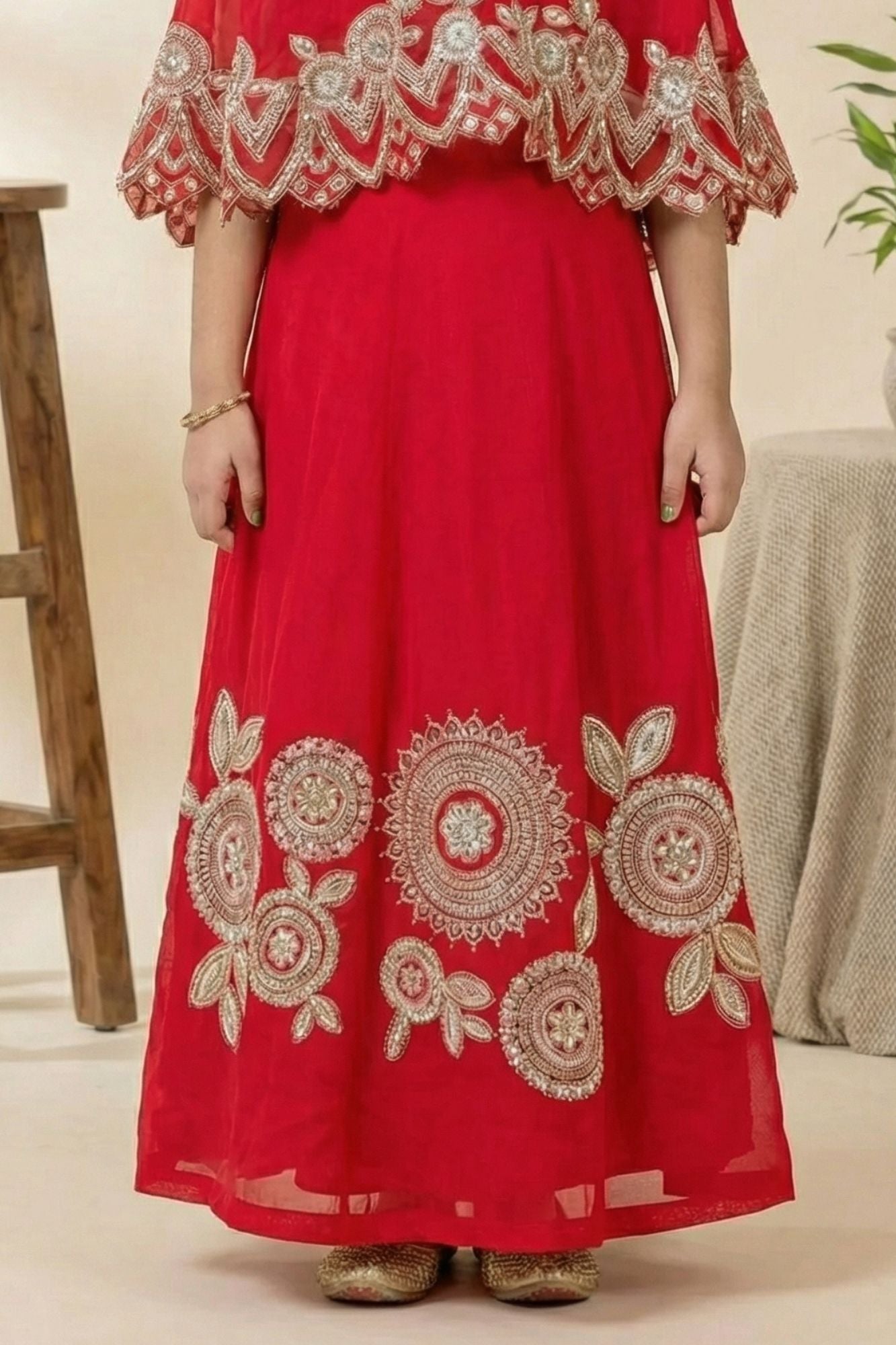 Designer Red Lehenga Choli with Embroidered Cape For Girls