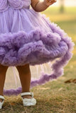 Lavender Embellished Party Wear Frock with 3D Floral Appliqué With Tailback For Girls