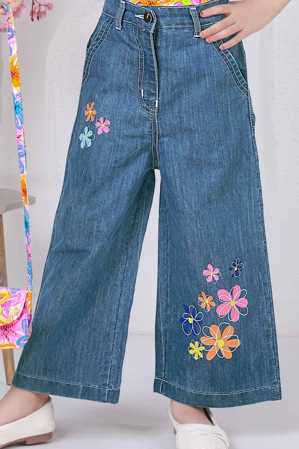 Multicolor Floral Shirt With Blue Embroidered Wide Leg Denim Pants Set For Girls