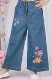 Multicolor Floral Shirt With Blue Embroidered Wide Leg Denim Pants Set For Girls