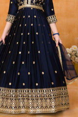 Navy Blue Sequins Work And Zari Embroidered Ethnic Gown For Girls
