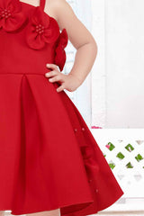 Red Sleeveless And Floral Embellished Frock For Girls