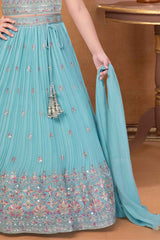 Elegant Sky Blue Sequin Embroidery Lehenga Choli For Girls