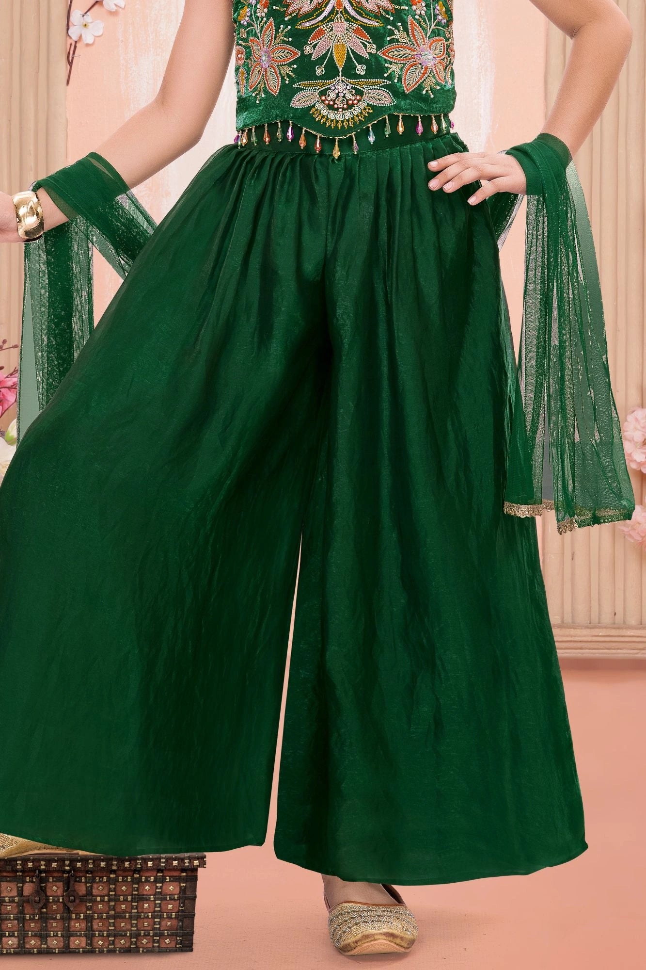 Emerald Green Embroidered Crop Top with Palazzo for Girls