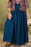 Teal Blue Printed Palazzo Set with Multicolor Jacket For Girls