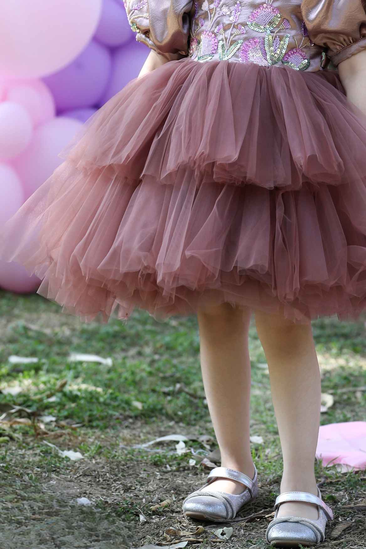 Brown Sequins Work Layered Party Wear Frock For Girls