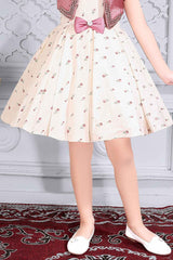 Floral Printed Cream Partywear Frock With Onion Pink Overcoat For Girls