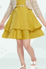 Mustard Frock With 3/4th Sleeves Crochet Overcoat For Girls