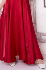 Designer Red Satin Asymmetric Gown For Girls