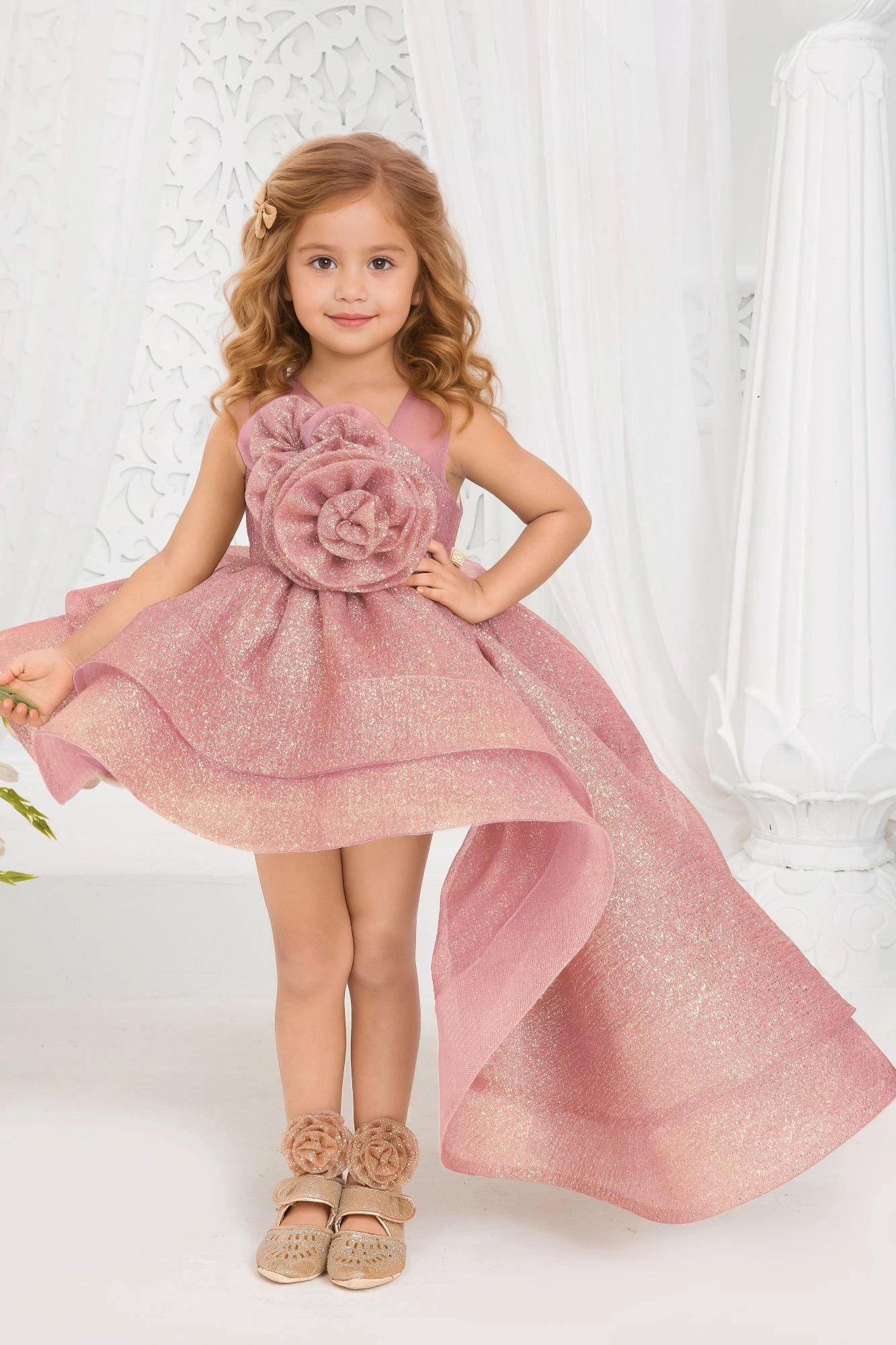 Shimmer Rose Gold High-Low Party Frock with Oversized Rosette For Girls