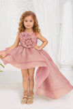 Shimmer Rose Gold High-Low Party Frock with Oversized Rosette For Girls