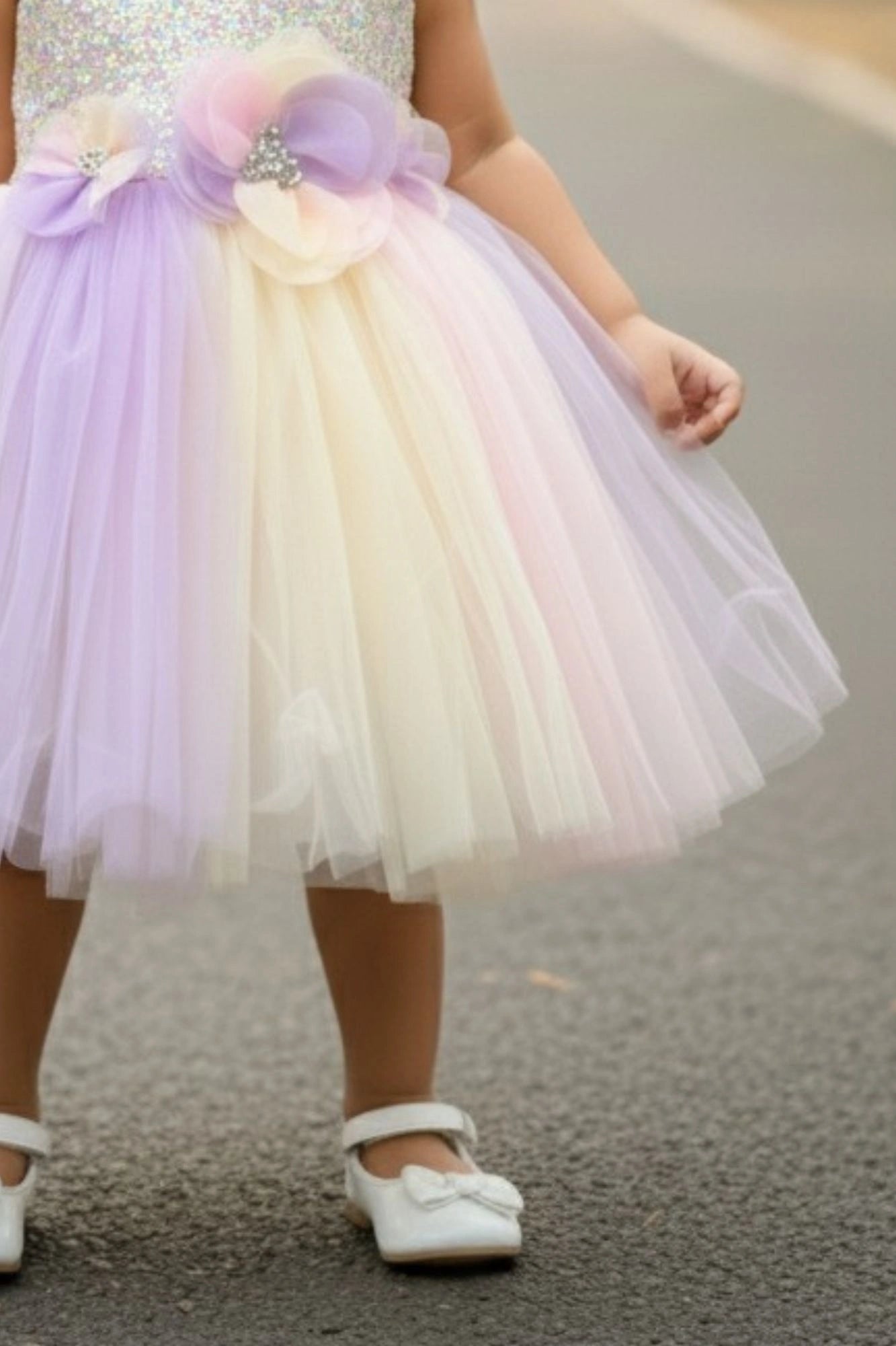 Pastel Rainbow Tulle Party Wear Frock with 3D Floral Accents For Girls