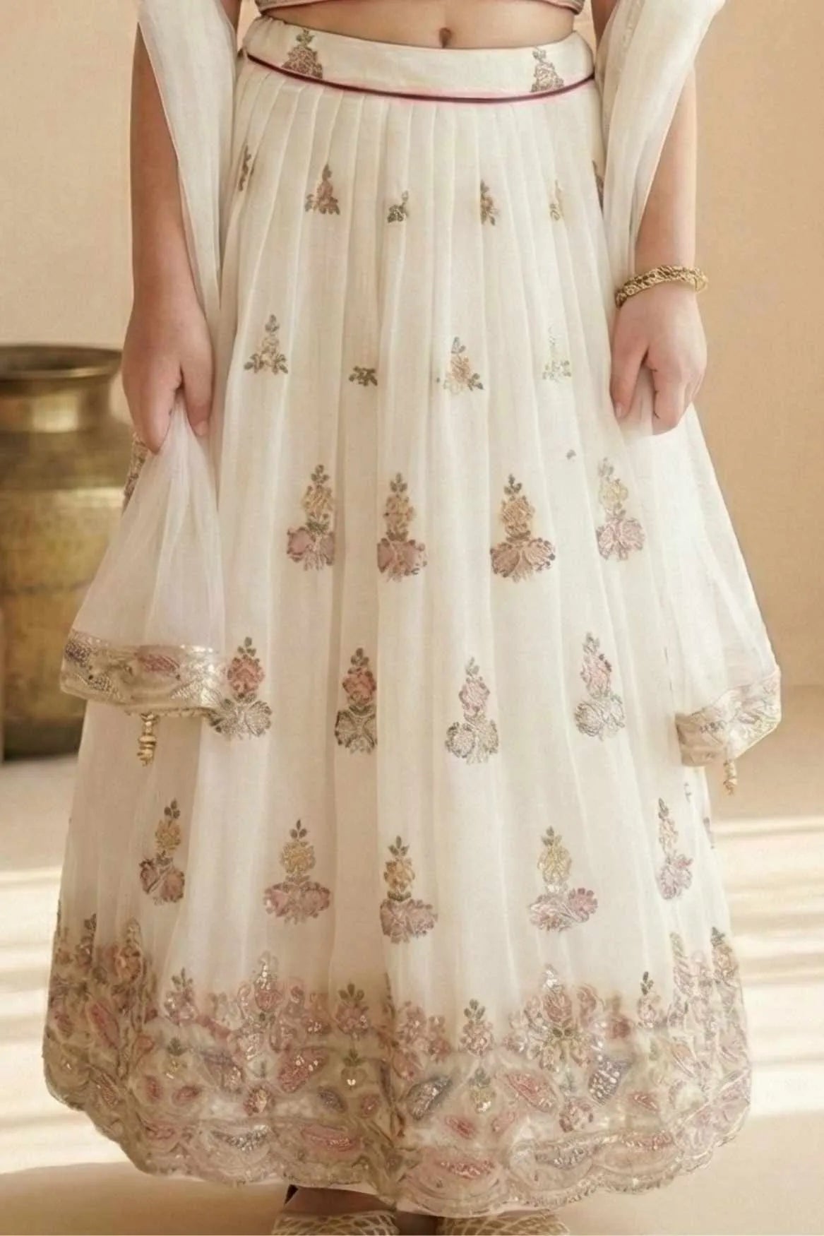 Cream Multi-Thread Embroidered Lehenga Choli Set For Girls