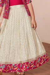 Rani Pink Sleeveless Choli And Lehenga Set With Zari Embroidery Stone Work Over Coat For Girls