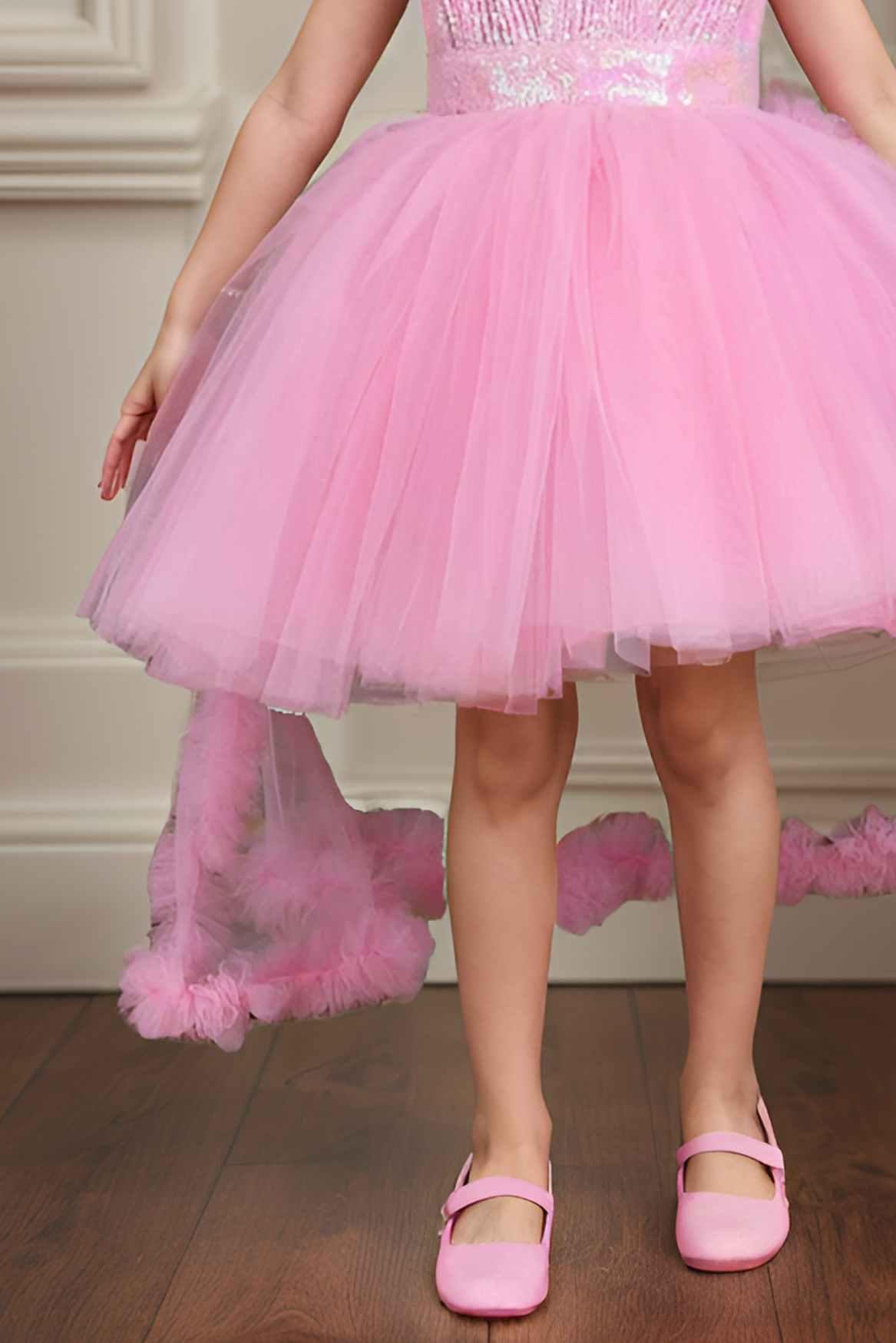 Designer Pink Sequin Partywear Net Tailback Frock For Girls - Lagorii Kids