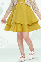 Girls Mustard Yellow Layered Frock With Lace Shrug And Floral Accent