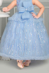 Blue Sequin Net Party Wear Gown Embellished With Bow For Girls