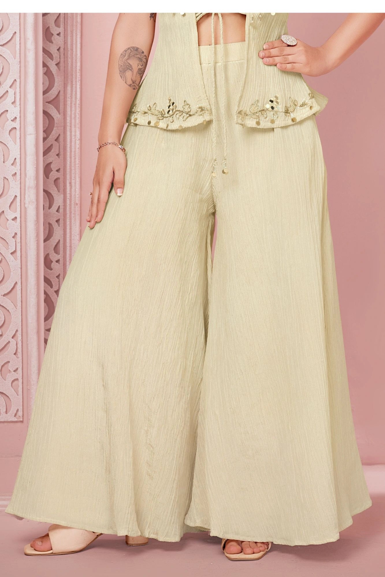 Designer Cream 3-piece Embroidered Palazzo Set for Girls