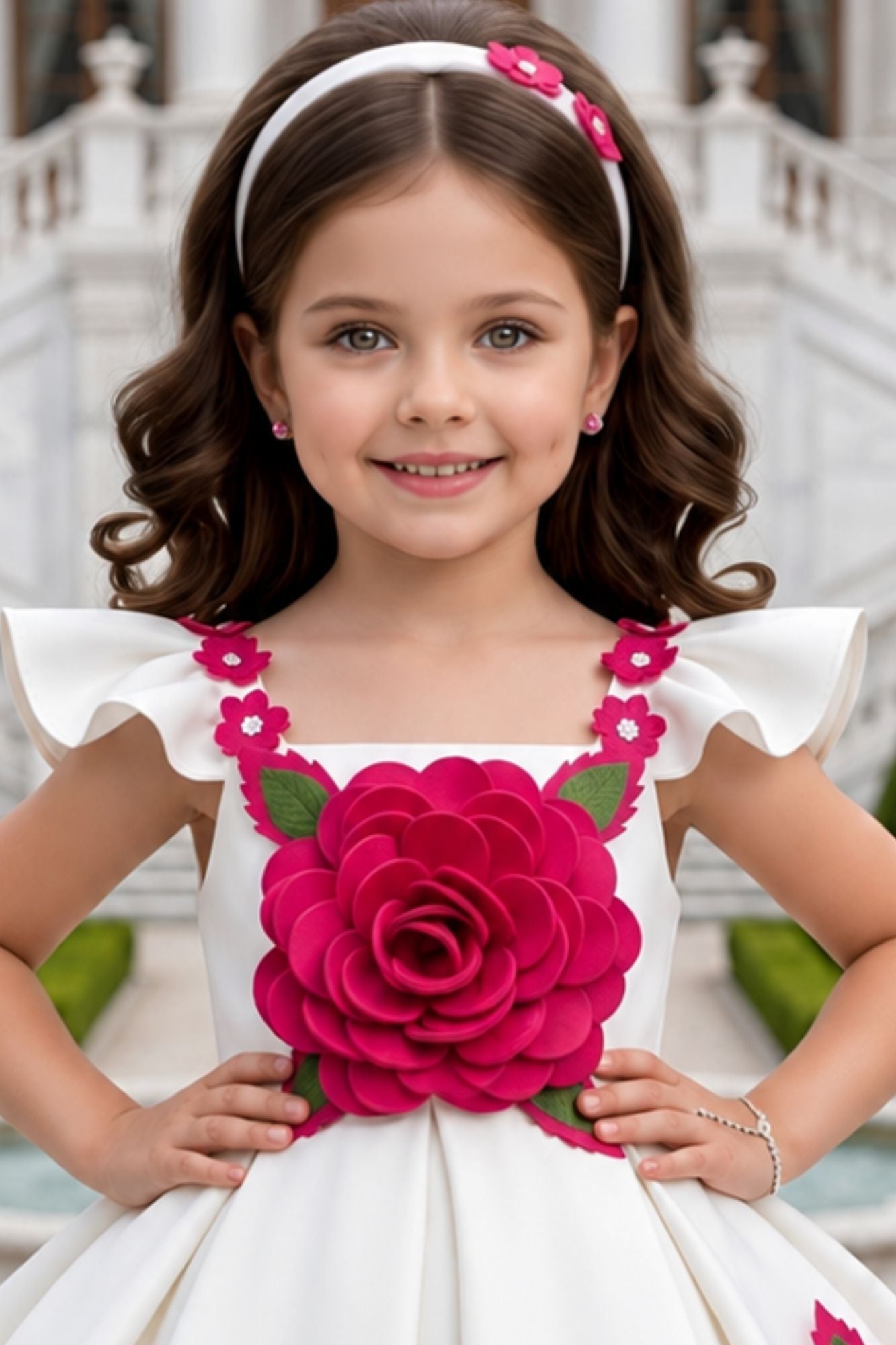 Girls White Party Wear Frock with 3D Rose Applique Detailing