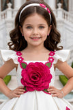 Girls White Party Wear Frock with 3D Rose Applique Detailing