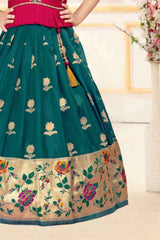 Pink And Teal Green Silk Pattu Pavadai With Gold Foil Print For Girls