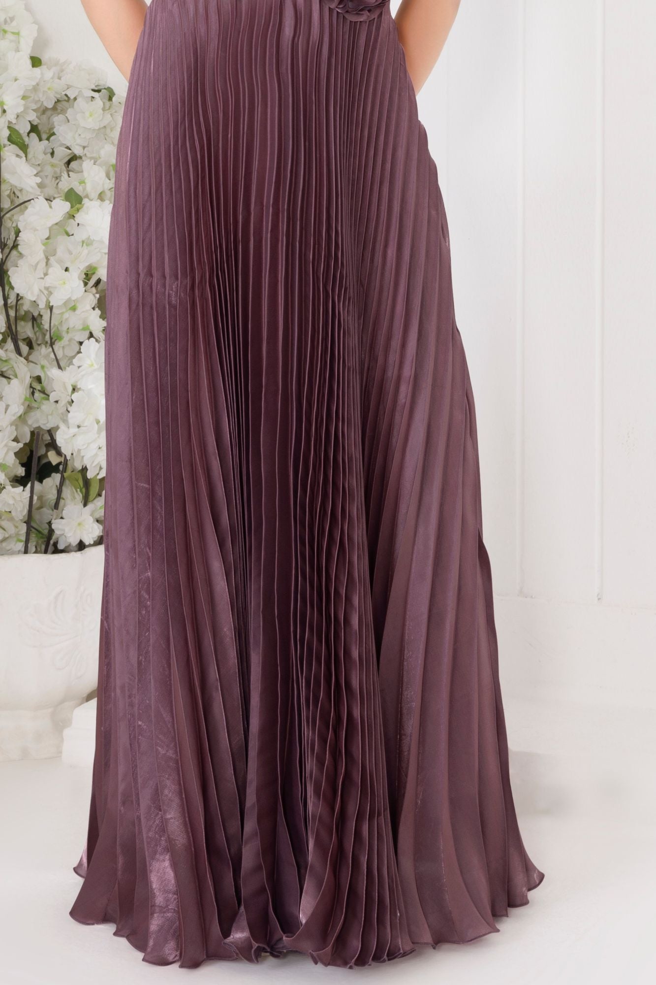 Wine Pleated Full-Length Party Gown with Floral Waist Detail For Girls