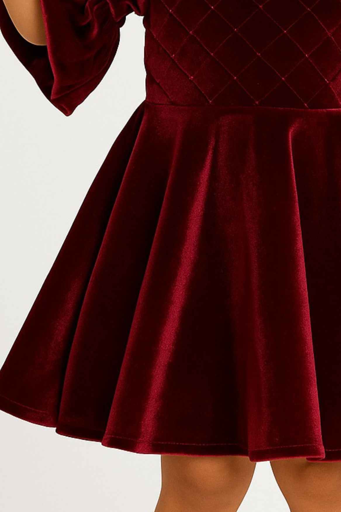 Maroon Velvet Party Wear Frock With Puff Sleeves For Girls