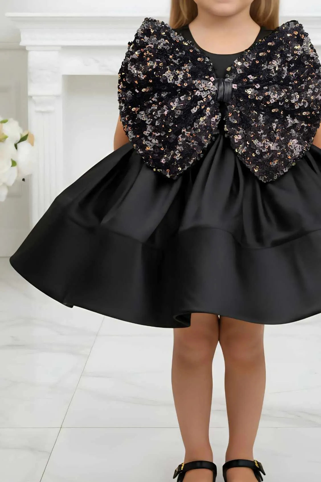 Black Sequin Bow Party Frock For Girls