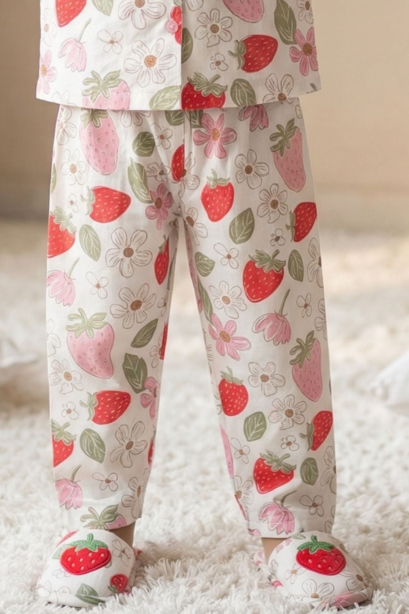 Off White Strawberry Floral Printed Night Suit Set For Girls