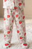 Off White Strawberry Floral Printed Night Suit Set For Girls