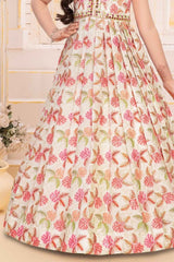 Elegant Cream Sequins And Mirror Work With Floral Printed Ethnic Gown For Girl