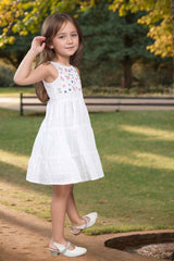 White Hakoba And Embroidered Casual Cotton Frock For Girls