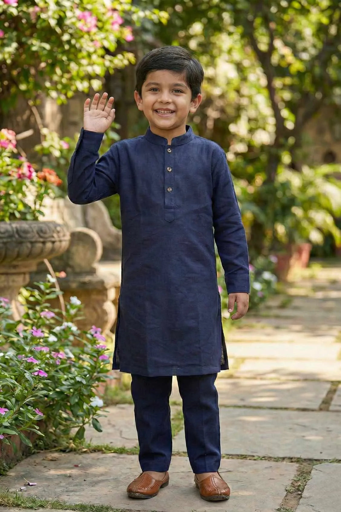 Navy Blue Kurta with Embroidered Waist-coat For Boys