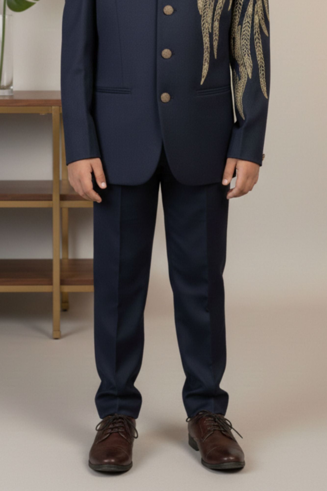 Navy Blue Embroidered Jodhpuri Suit Set With Golden Peacock Motif For Boys