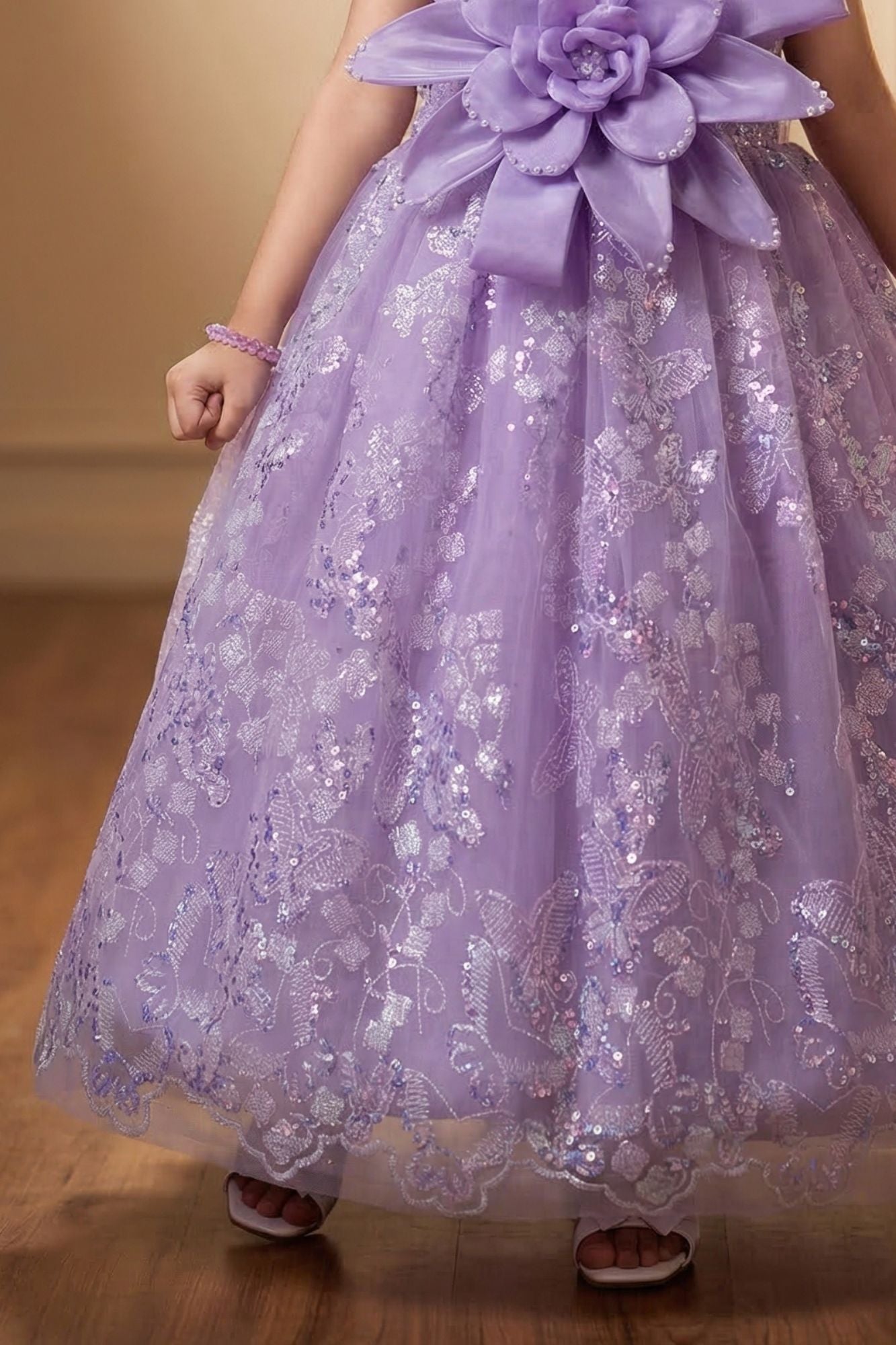 Lavender Floral Applique Assymetrical Party Wear Gown with Big Bow For Girls