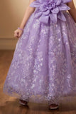 Lavender Floral Applique Assymetrical Party Wear Gown with Big Bow For Girls