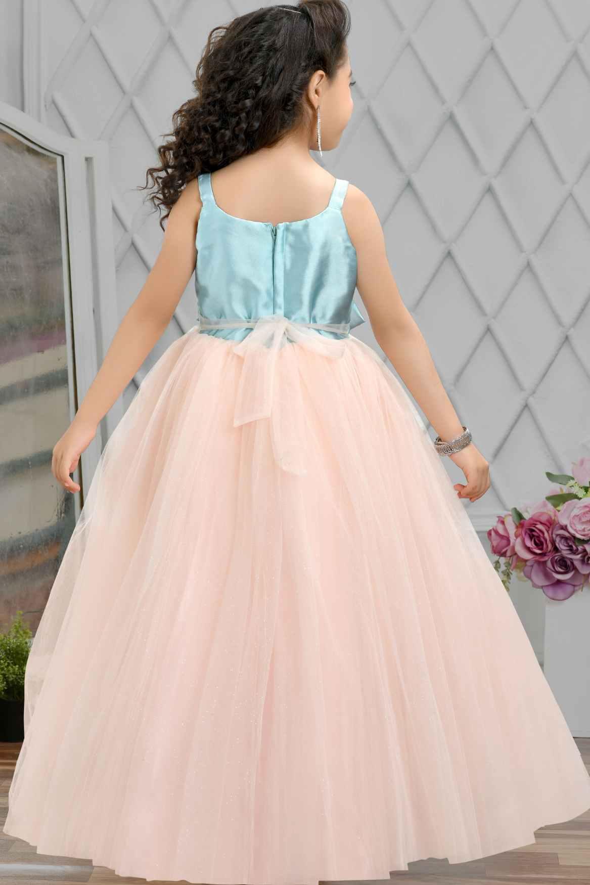 Designer Peach Gown Embellished With Blue Bow For Girls - Lagorii Kids