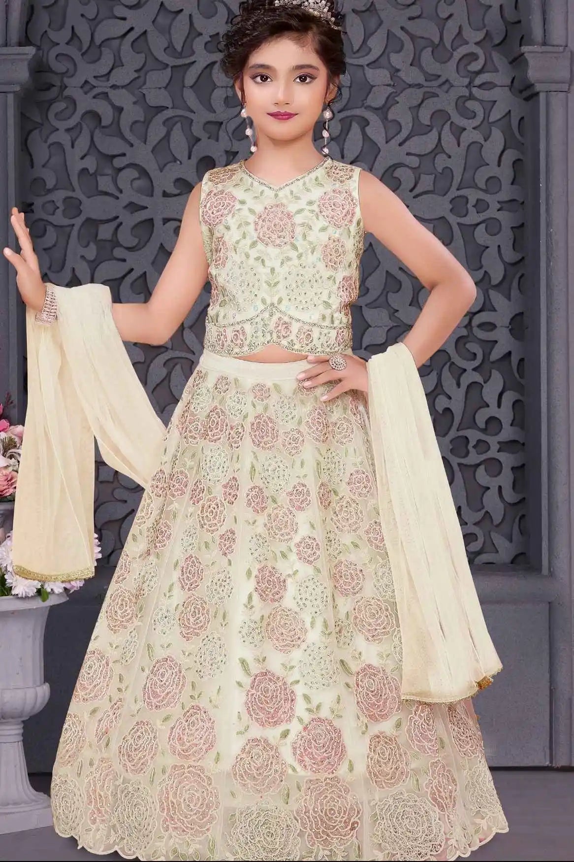 Cream Floral Embroidered Lehenga Choli Set With Dupatta For Girls