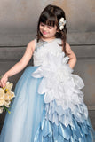 Whimsical White and Blue Party Wear Ballroom Gown