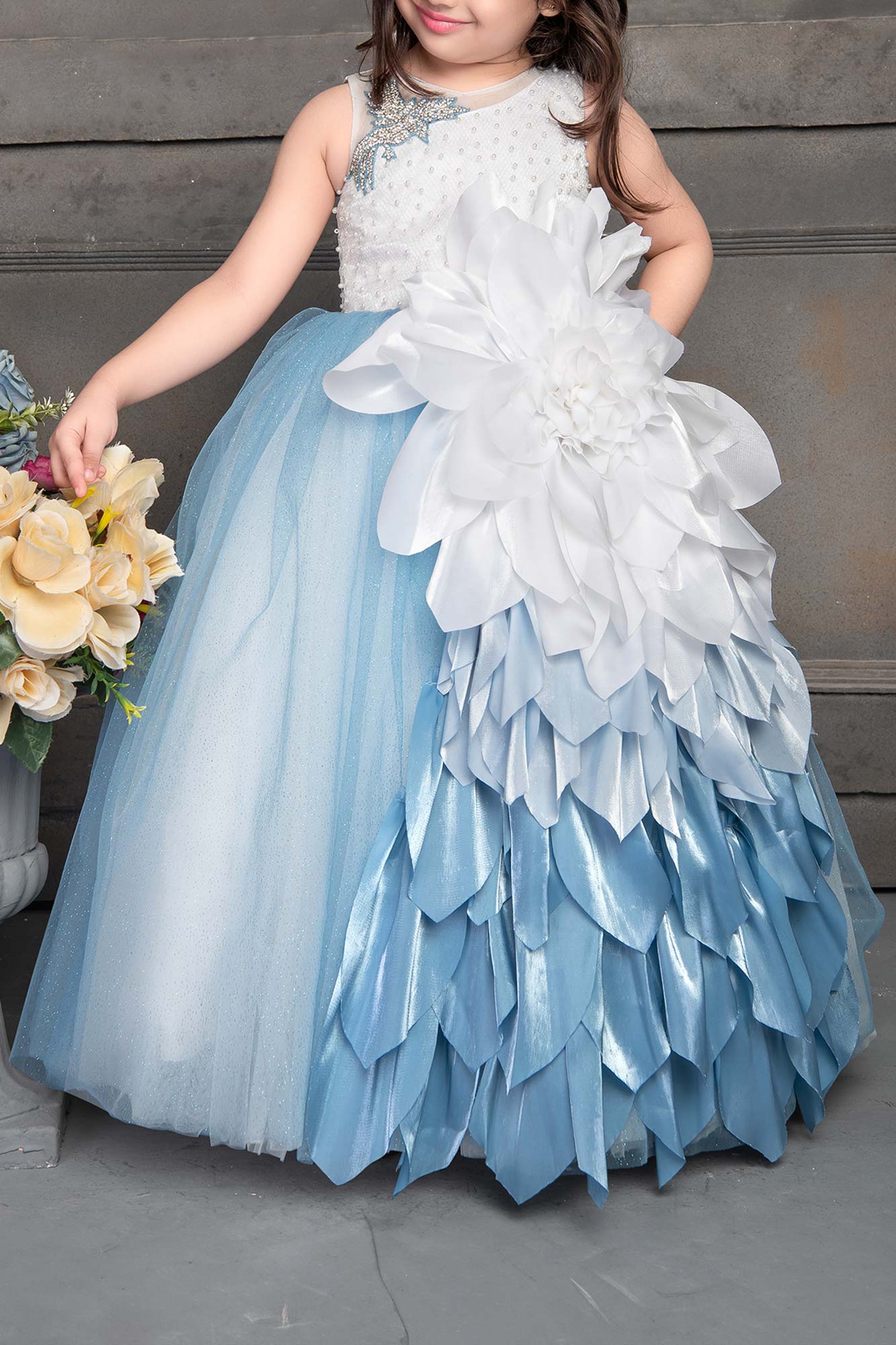 Whimsical White and Blue Party Wear Ballroom Gown