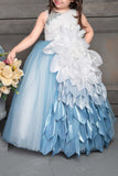 Whimsical White and Blue Party Wear Ballroom Gown