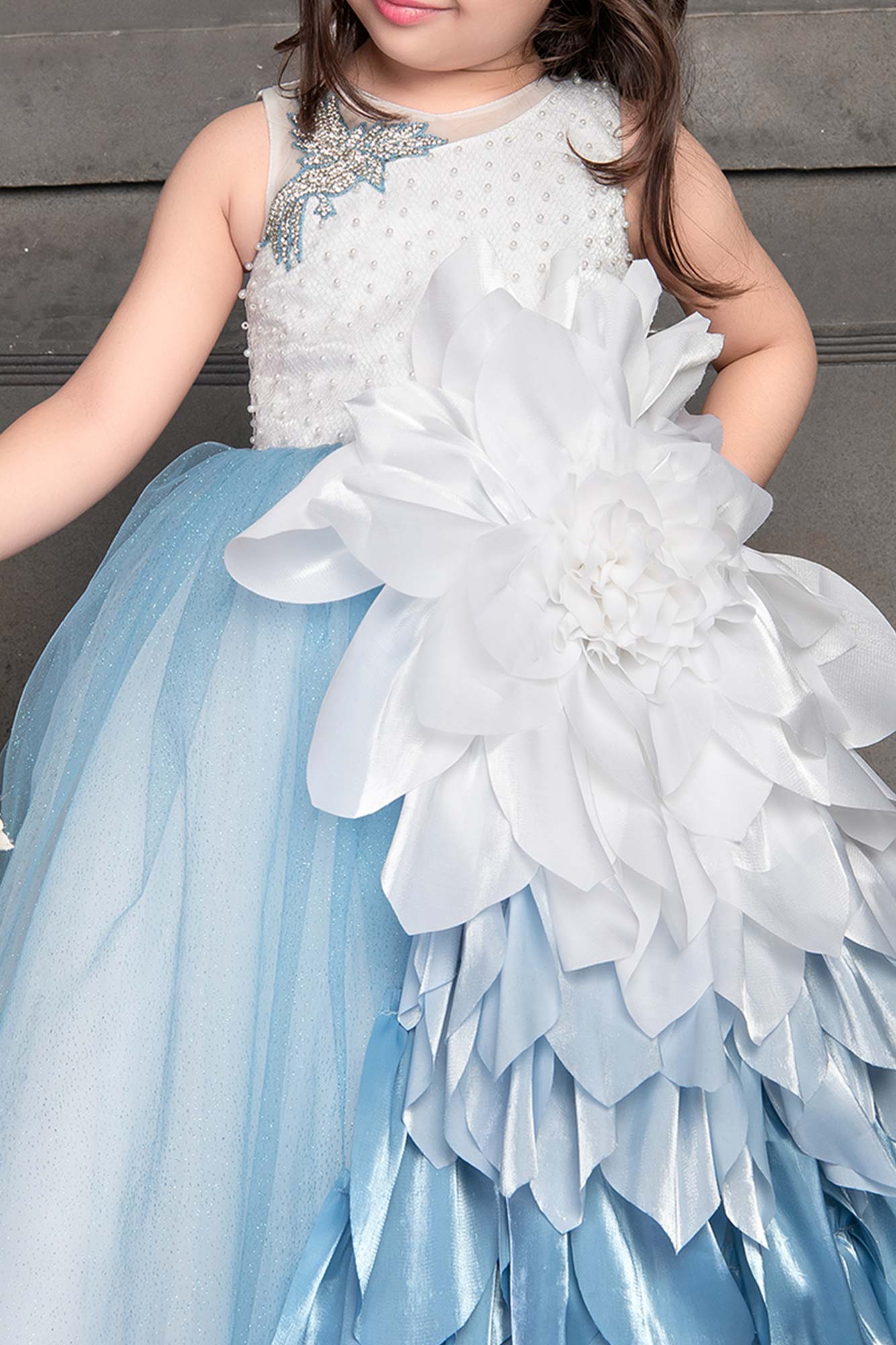 Whimsical White and Blue Party Wear Ballroom Gown