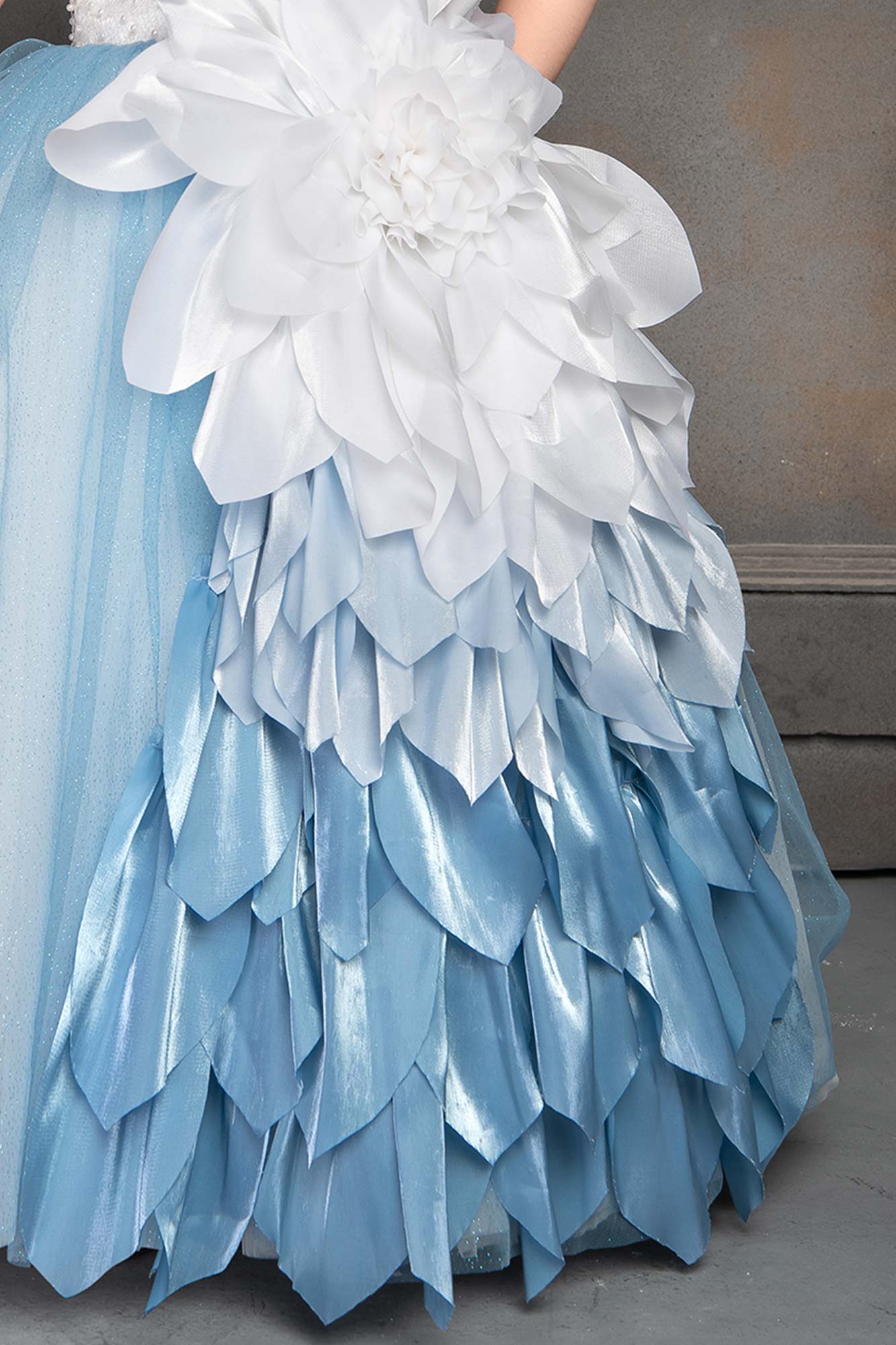 Whimsical White and Blue Party Wear Ballroom Gown