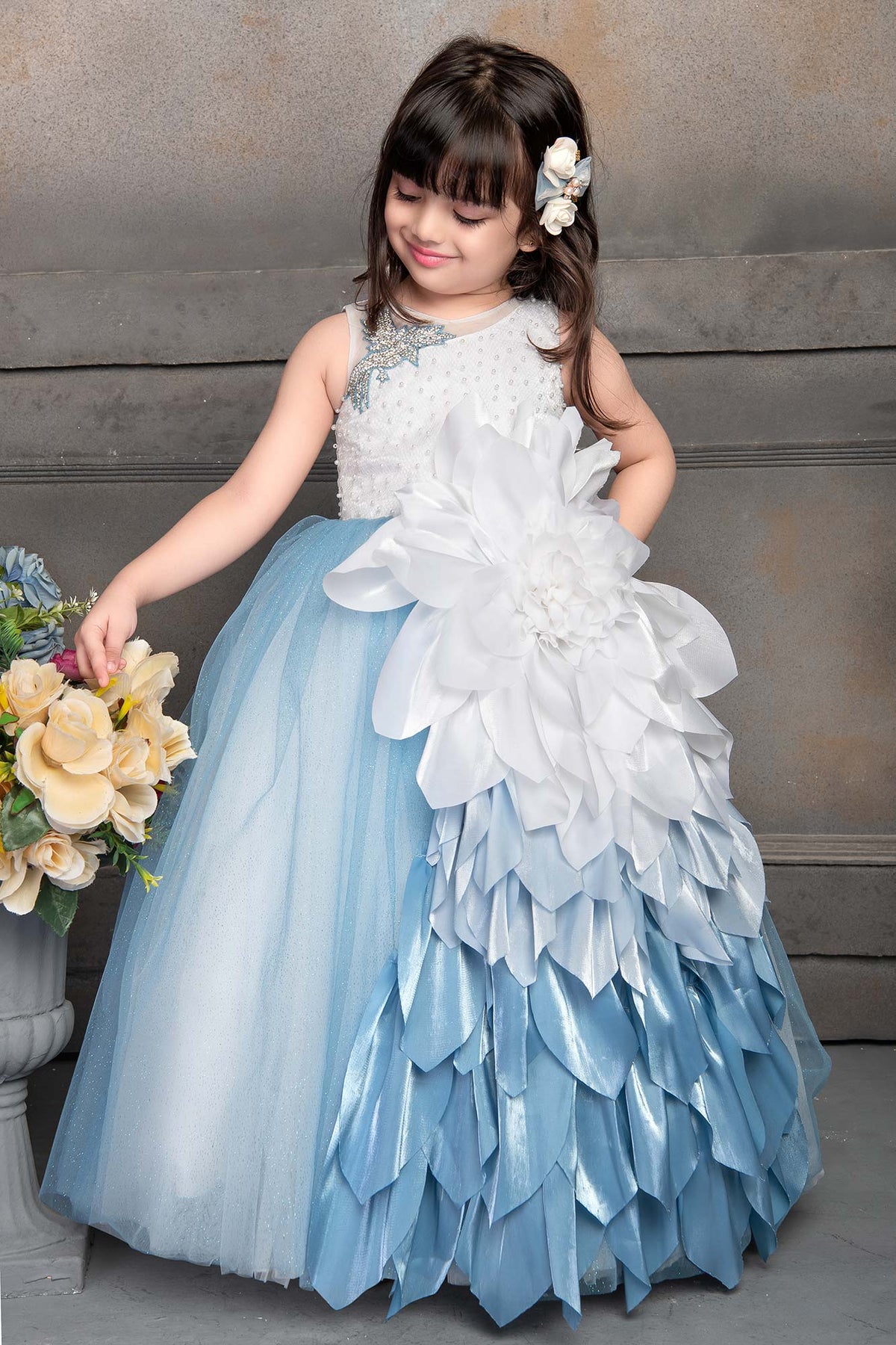 Whimsical White and Blue Party Wear Ballroom Gown