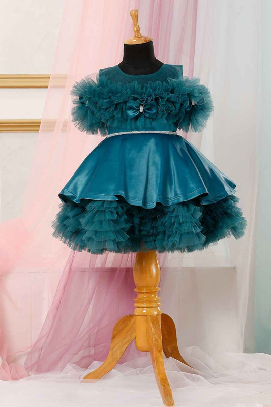 Teal Multilayer Ruffle Frock Wtih Bow Embellishment For Girls