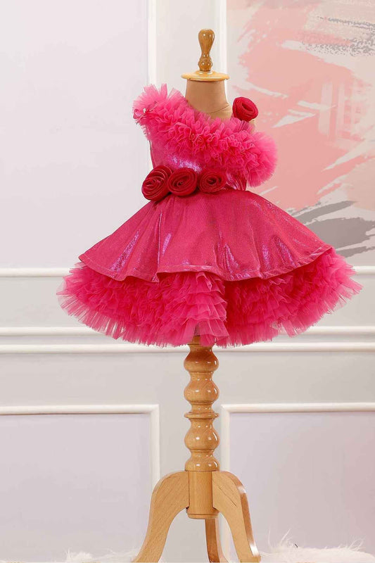 Pink Multilayer Ruffle Frock Wtih Floral Embellishment For Girls