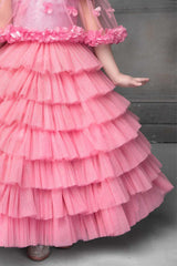 Pink Multi Layer Gown With Floral Embellished For Girls